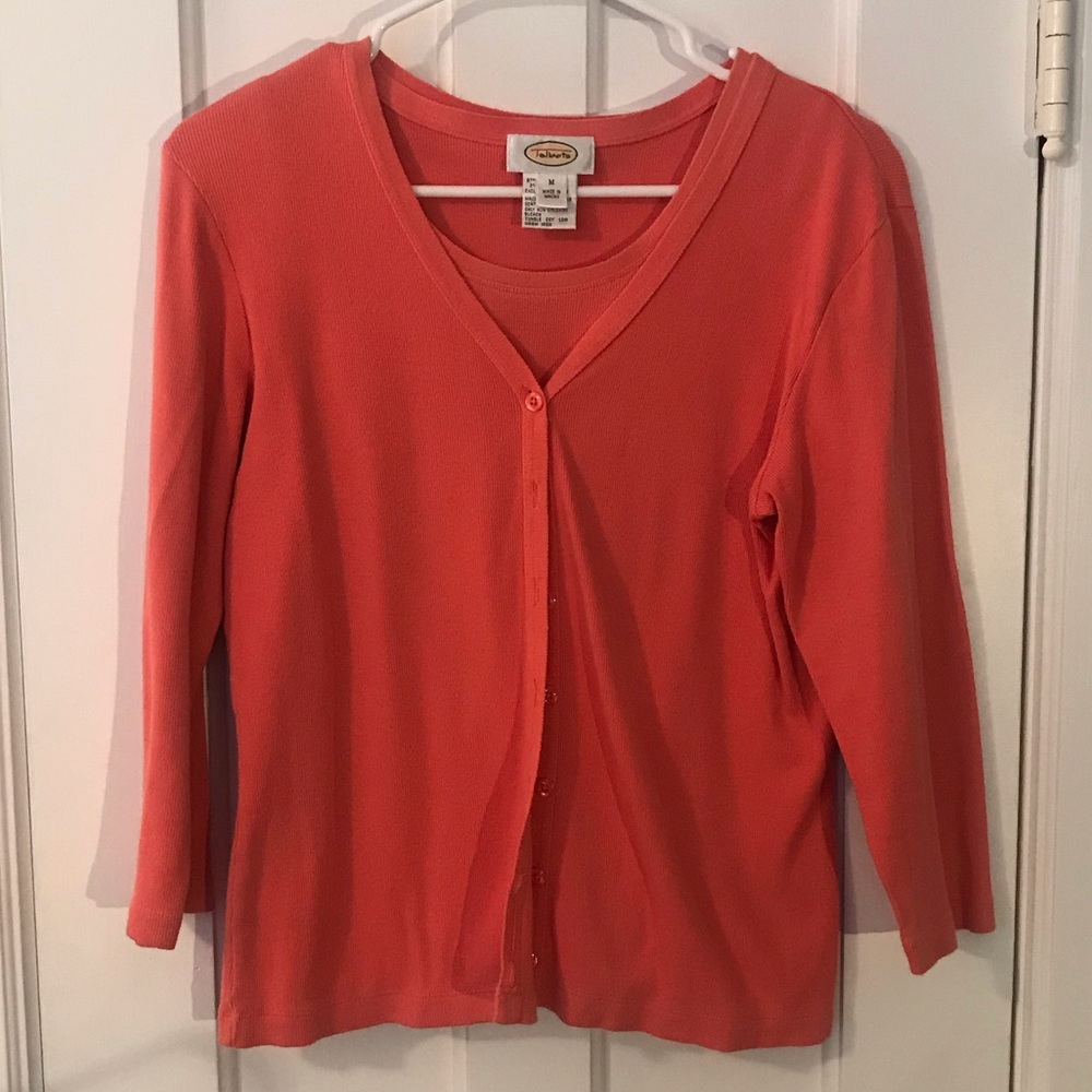 Lightweight, peach sweater set.